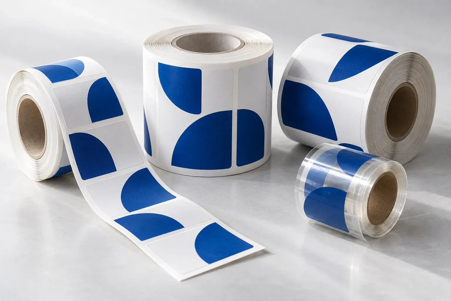 Bobinas de etiquetas autoadhesivas con diseños azules.