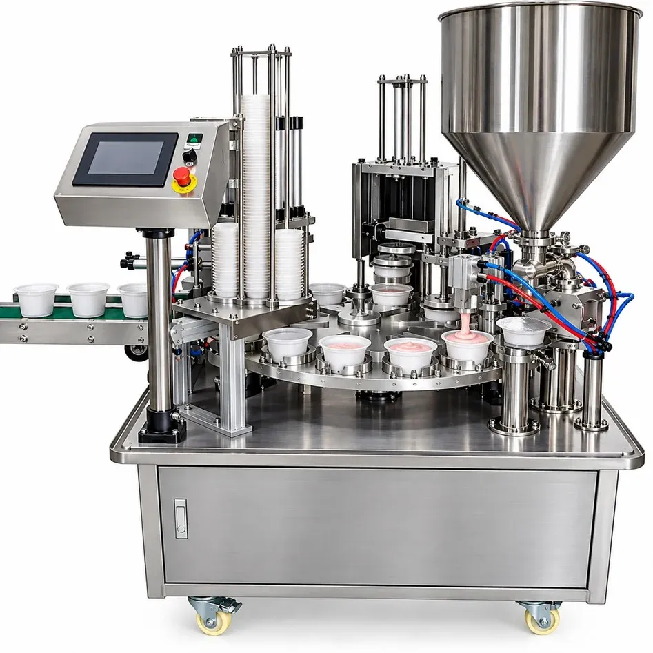 Llenadora de yogurt con tolva y mesa rotativa para envases individuales.
