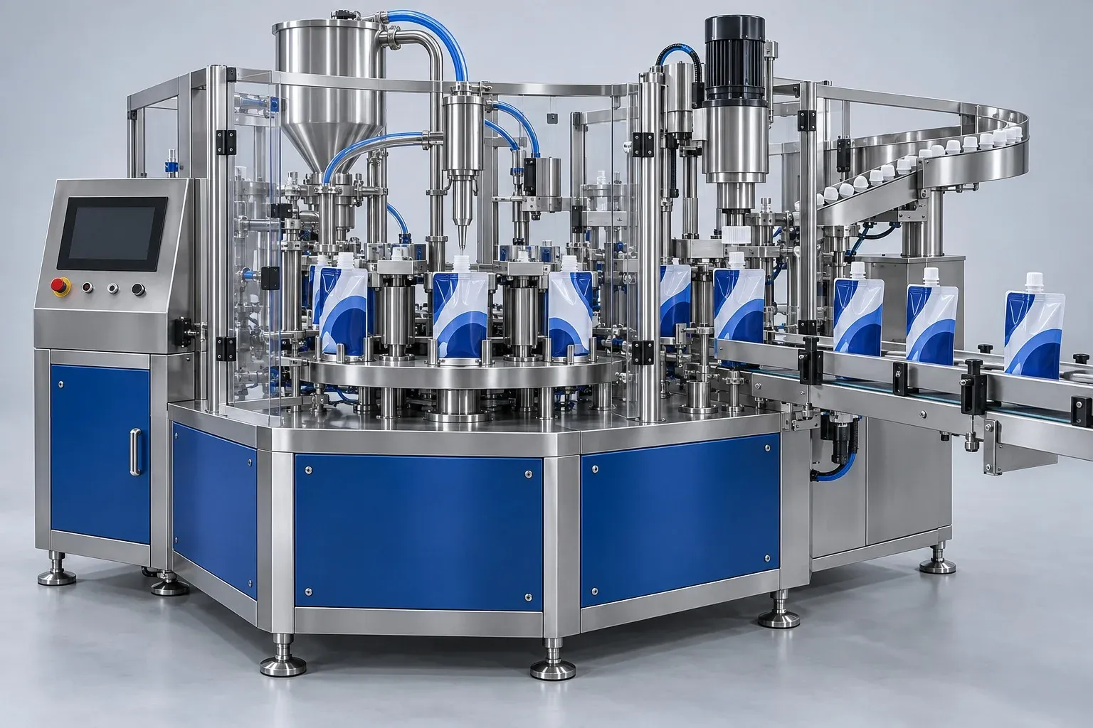 Máquina rotativa de llenado de bolsas con boquilla, con paneles azules y transportador.